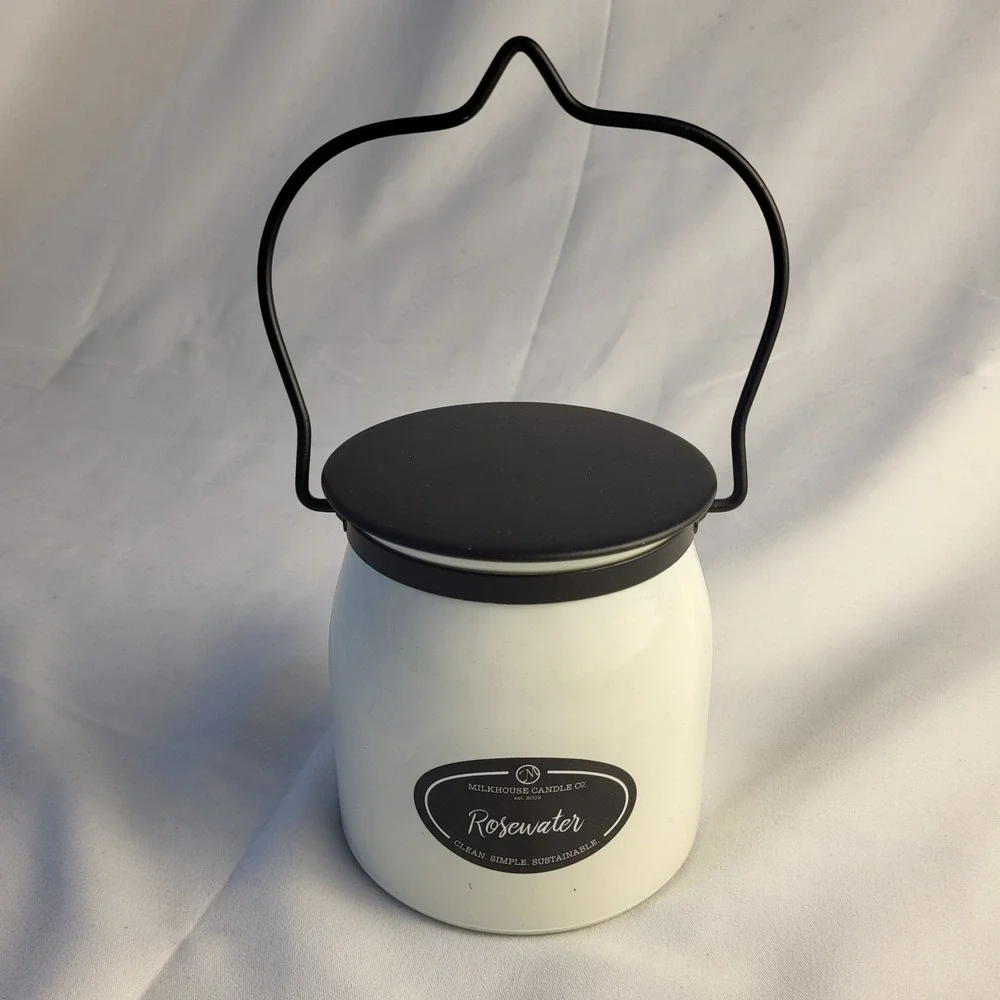 New Milkhouse Candle- Rosewater (Retired Scent) Double Wick 16 Ounce Jar Candle